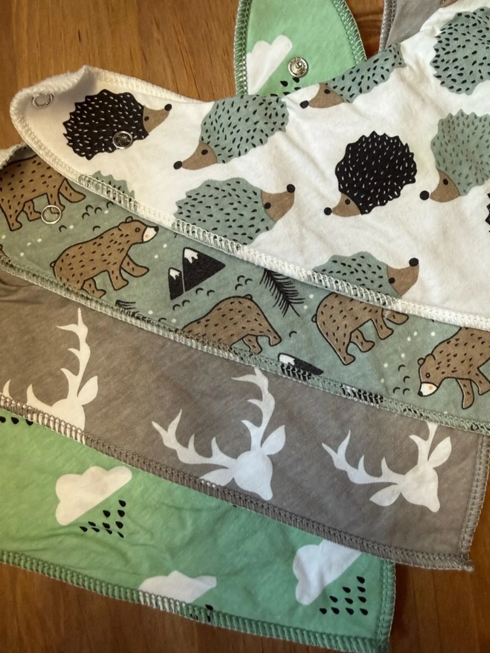 Reversible Kids Bib Set in Green, Gray and White - Forest Friends